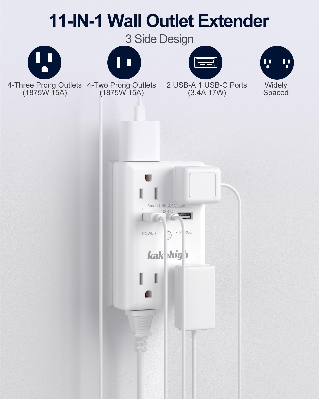 Wall Outlet Extender With Screw, 8 Way Outlets With 1680J Surge Protected, Multi Plug Wall Outlet With Usb Ports, Led Indicator,
