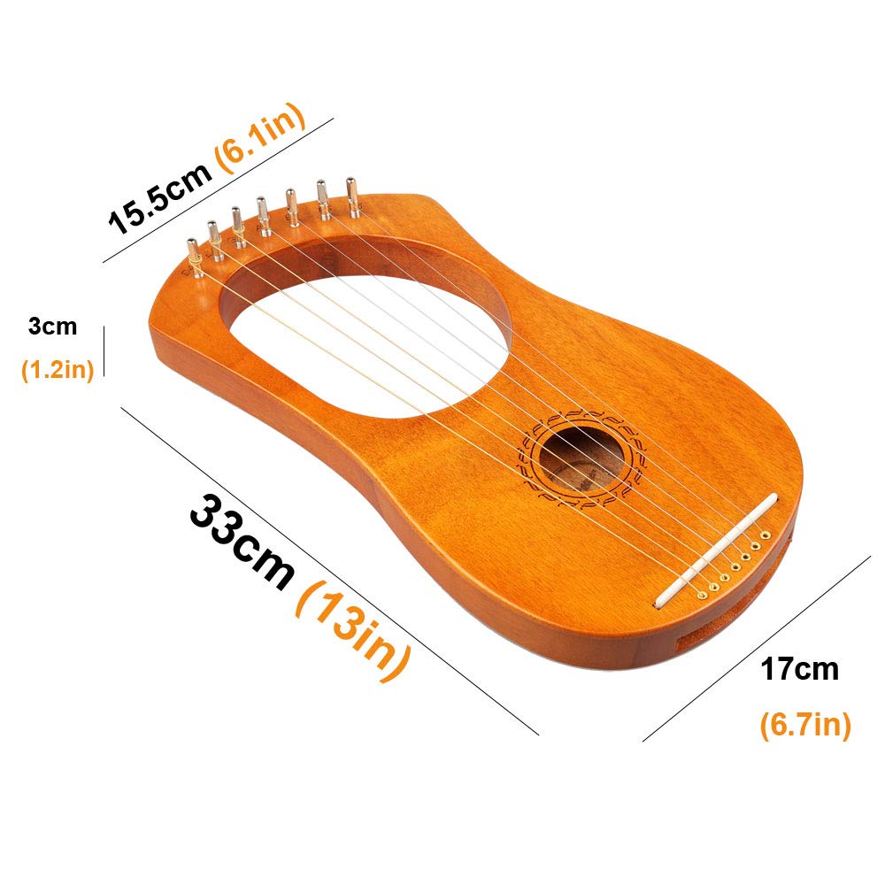 Mr.Power Lyre Harp Ancient Greece Style 7 Metal Strings Lyre With Tuning Wrench Extra String Set And Gig Bag (7 String, Natural Wood)