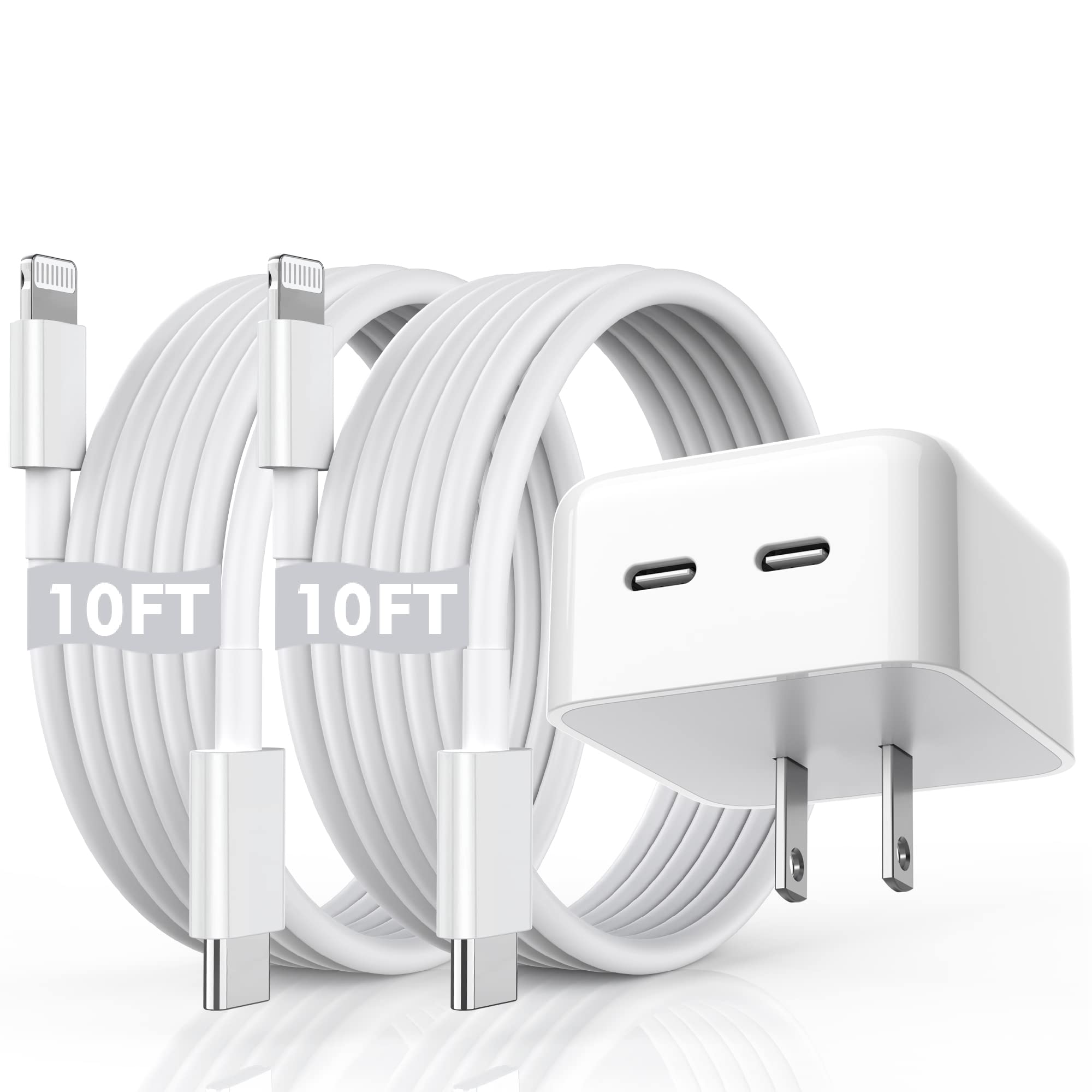 Iphone Fast Charger, 40W Dual Usb C Quick Wall Charger 10Ft Charging 2Pack 10Ft Extra Long Lightning Cable+Double Port Foldable Usbc Iphone Charger Fast Charging For Iphone 14/13/12/11/Xr/Xs/Se/Ipad