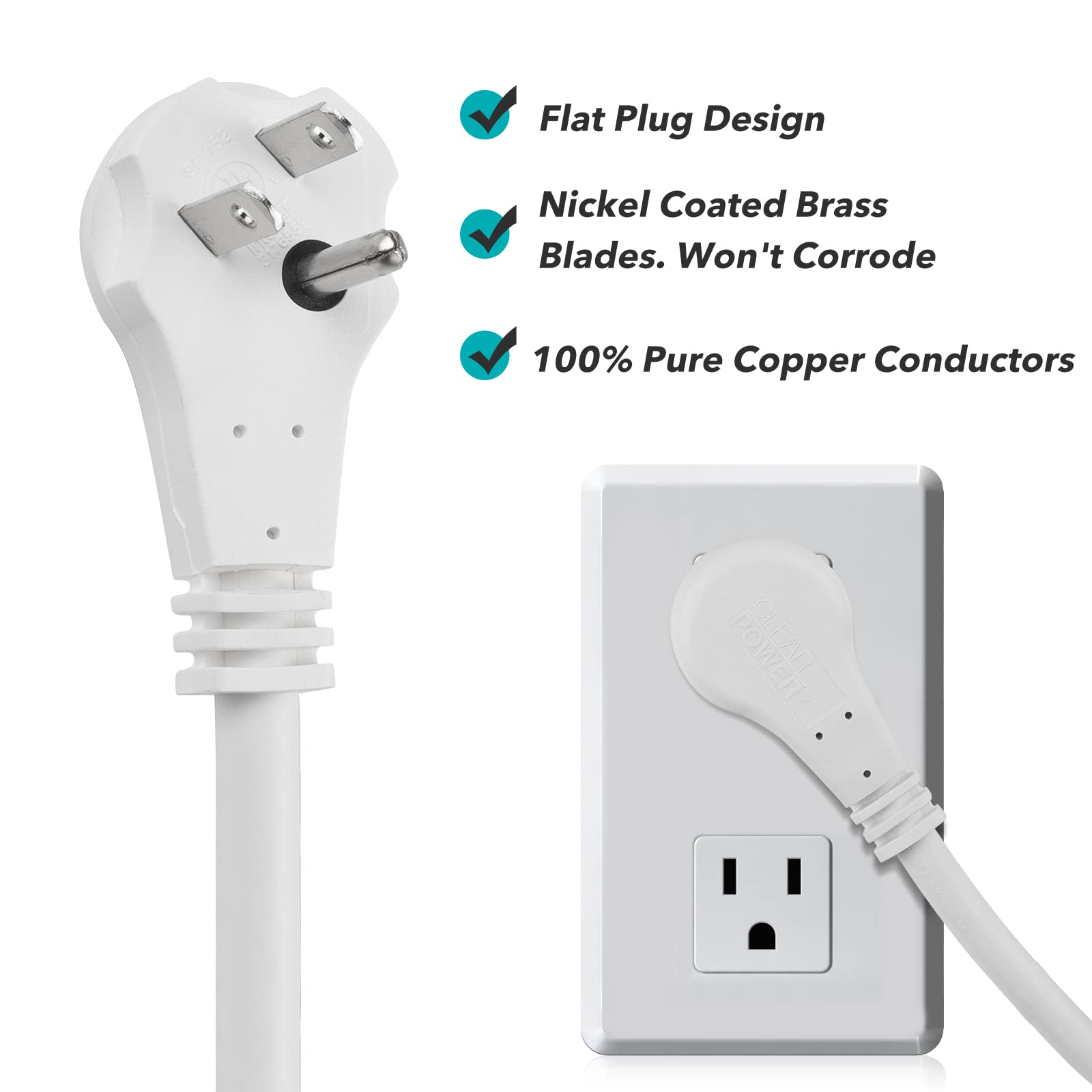 Clear Power 6 Ft 3 Outlet Heavy Duty Flat Plug Extension Cord 14/3 Sjt For Small Tools, Appliance And Office Equipment, White, 3 Prong Grounded, Dcic 0046 Dc