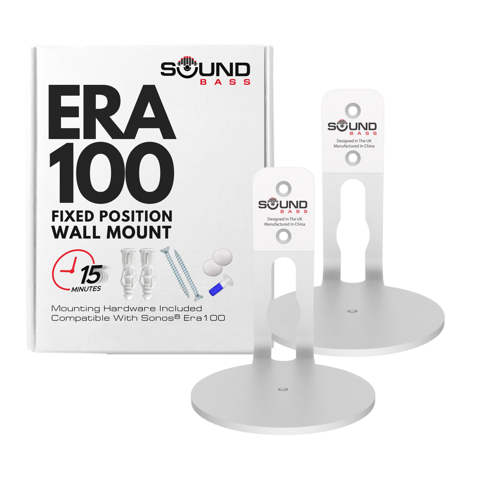 Era100 Wall Mount Bracket, Low Profile, White, Twin Pack, Compatible With Sonos Era 100 Speaker, Complete With All Fixing Hardwa