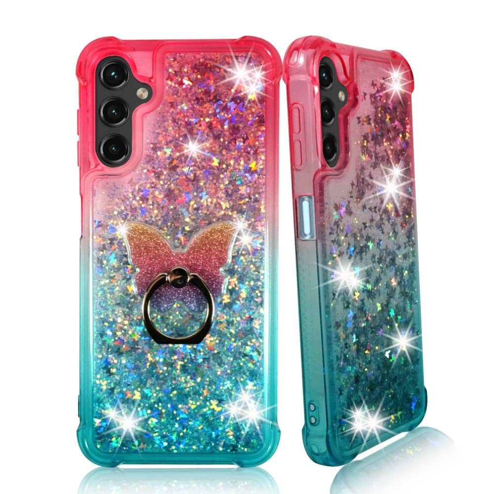 Zase Samsung A14 5G Clear Phone Case Liquid Glitter Sparkly Cute Floating 3D Butterflies Bling Design For Galaxy A14 Shockproof