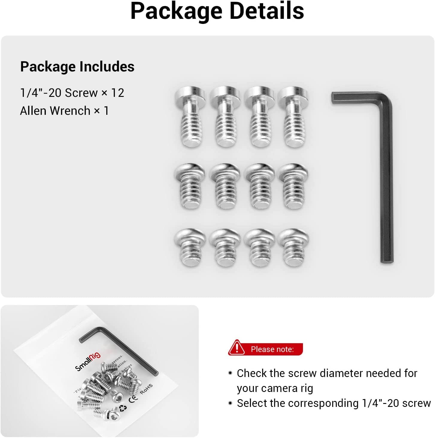 Smallrig Allen Wrench Screw 1/4'' Screws Accessories Tool (12Pcs/Pack)   1713