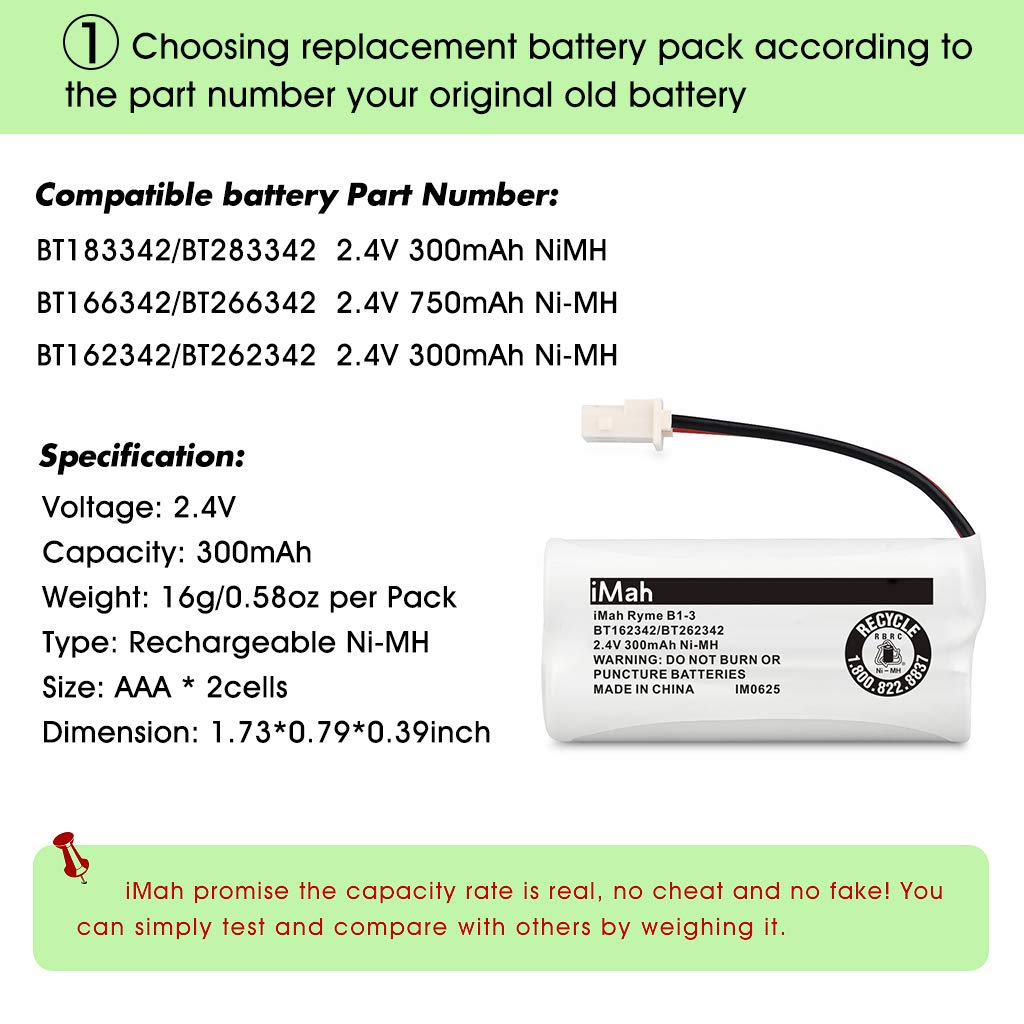 Imah Bt162342/Bt262342 2.4V 300Mah Ni Mh Cordless Phone Batteries Compatible With Vtech Cs6719 Cs6114 Cs6409 Cs6419 Cs6429 At&T Cl80112 El52300 El52400 Handset Telephone, Pack Of 4