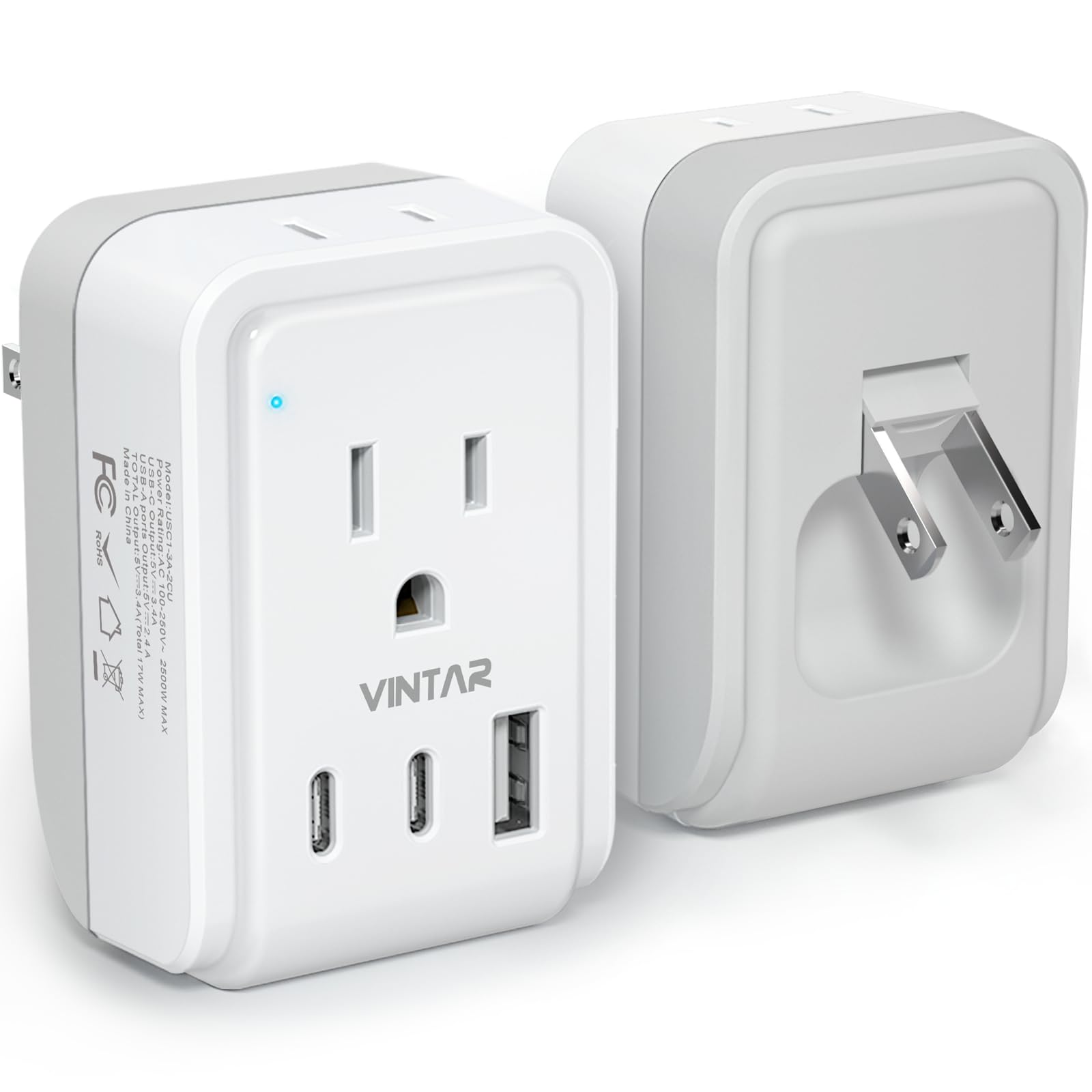 1 Pack Us To Japan Plug Adapter, Vintar Foldable Japan Travel Adapter With 2 Outlets And 3 Usb Ports(2 Usb C), 2 Prong To 3 Pron