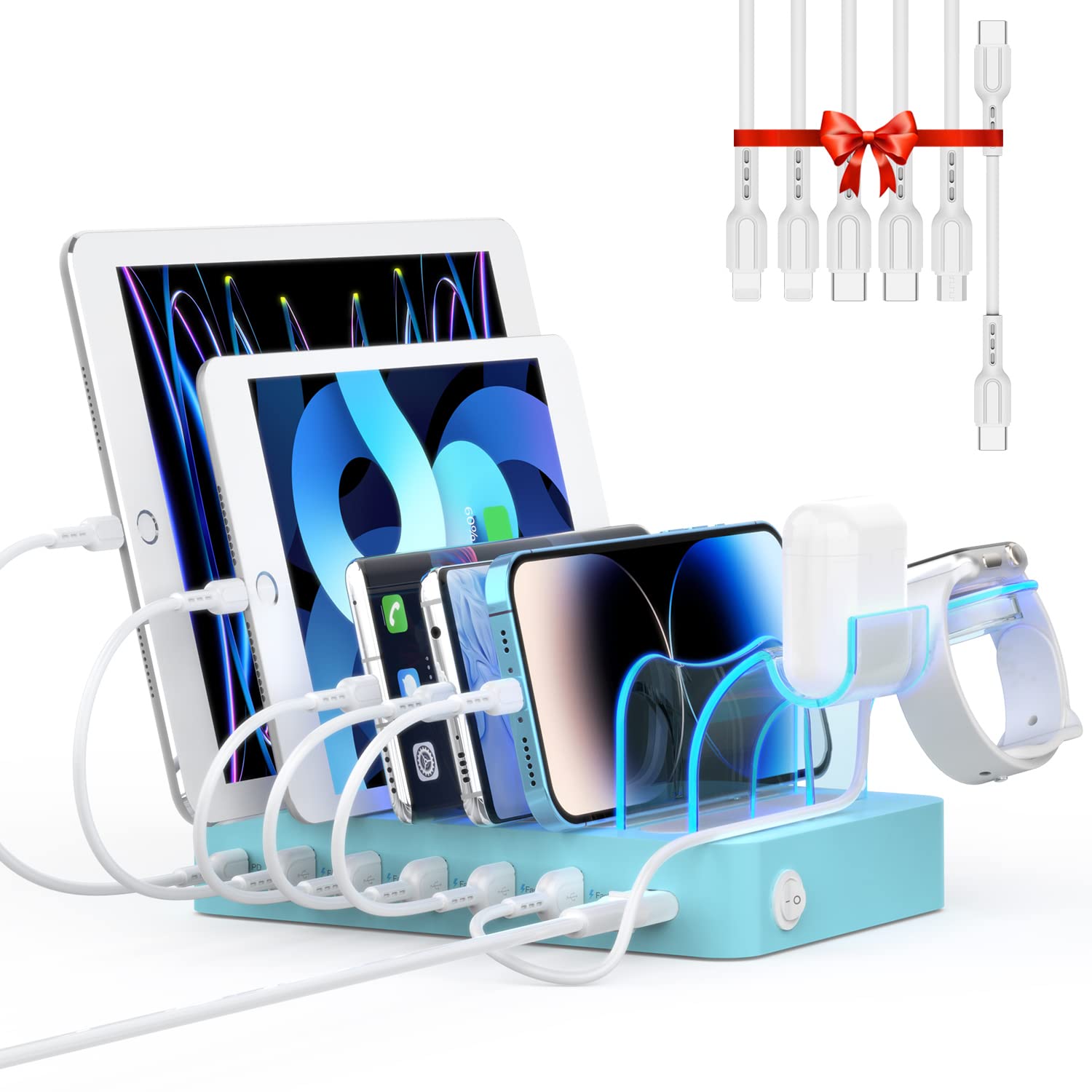 Soopii 60W 6 Port Pd Charging Station For Multiple Devices, 20W Pd Usb C Fast Charging For Lphone 14/13/12,6 Short Cables Includ