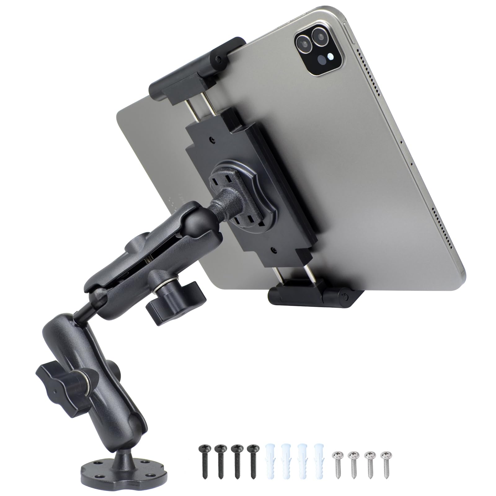 Vaubortti Aluminum Heavy Duty Dual Arm Tablet Mount With 4 Point 360 Rotation Drill Base   Fits 6.5'' 12.9'' Tablets (Ipad, Gala