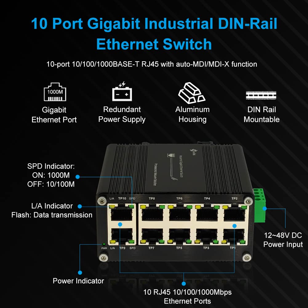 Throncom Industrial 10 Port Gigabit Ethernet Switch, Rj45 10/100/1000Mbps Mini Din Rail Mount Ethernet Switch, 12 48V Dc Hardene