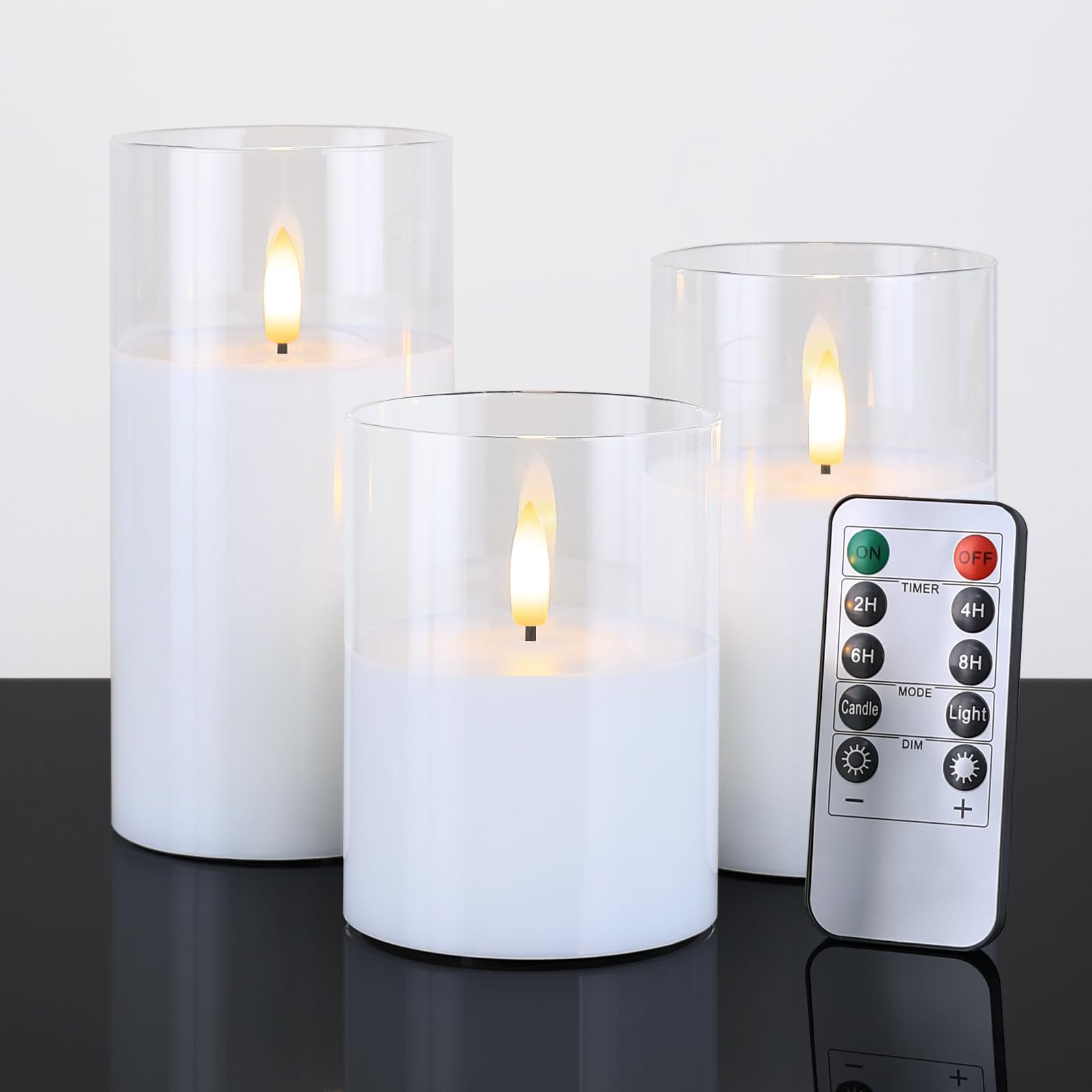 Credtarnos Battery Operated Candles, Clear Glass Flickering Flameless Candles With Remote And Timer,3D Wick White Real Wax Led C
