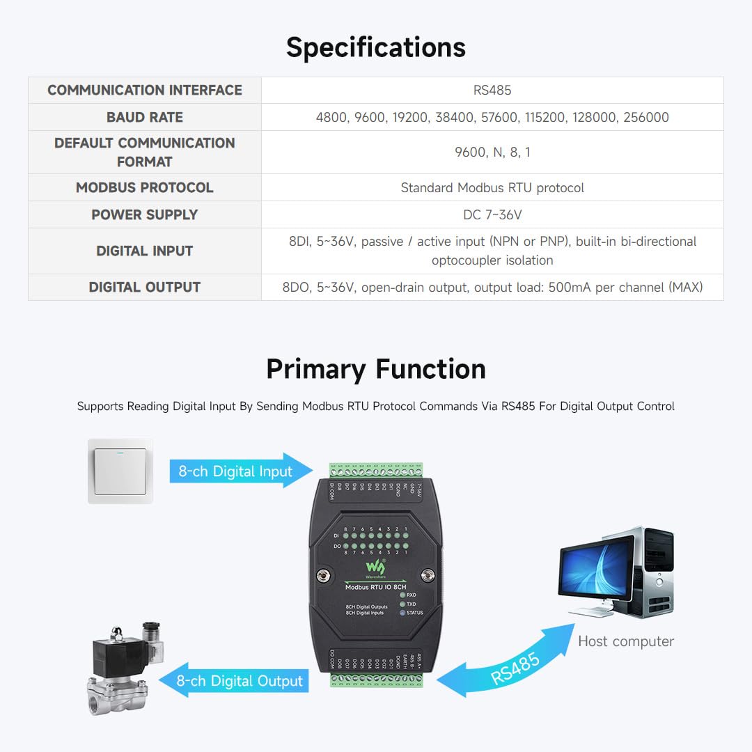 Waveshare 8-Ch Digital Input & Output Module, Modbus RTU, DC 7-36V, Copper, Rail-Mount, Multiple Isolation Protection