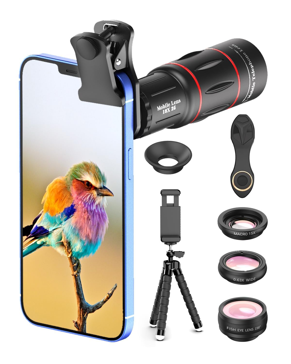 APEXEL 4 in 1 Phone Photography Kit, 18X Telephoto Lens, 198 Fisheye Lens, 15X Macro Lens, 0.63X Wide Angle Lens, Set with Flexi