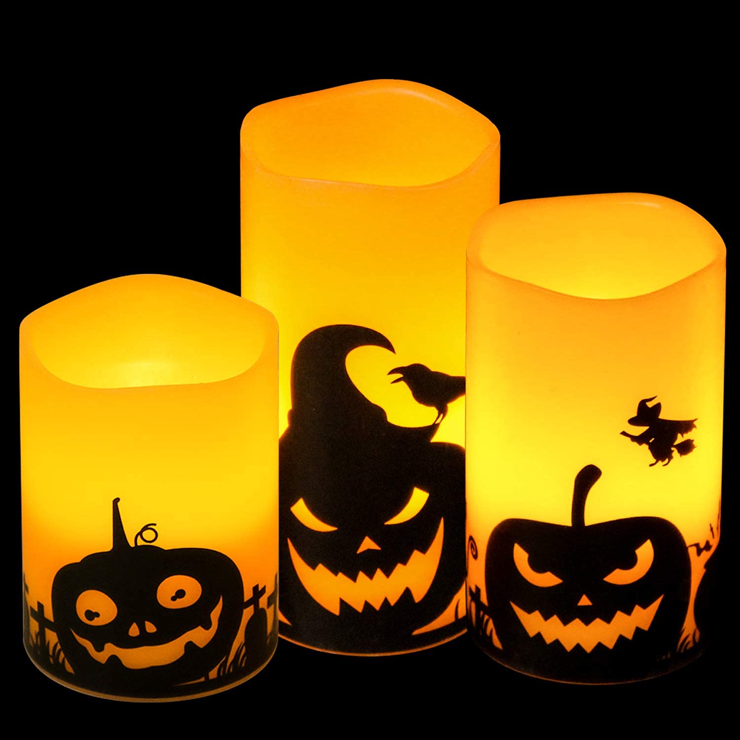 Dromance Pumpkin Flameless Candles Battery Operated With 6H Timer, Set Of 3 Real Wax Led Flickering Pillar Candles Spooky Hallow