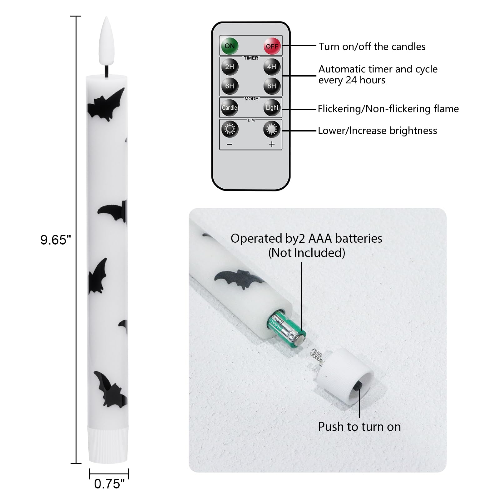 Lasumora Halloween Flameless Taper Candles With Remote Timer, 4 Pack Led Flickering Candlestick, 9.65 Inch Battery Operated Real