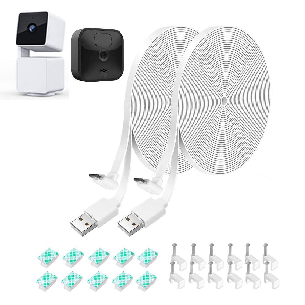 26Ft Power Extension Cable For Wyze Cam Pan V3   Weatherproof Flat Power Charging Cord With L Shape Connector, 2 Pack (White)   Not Compatible With Wyze Cam V3/V4