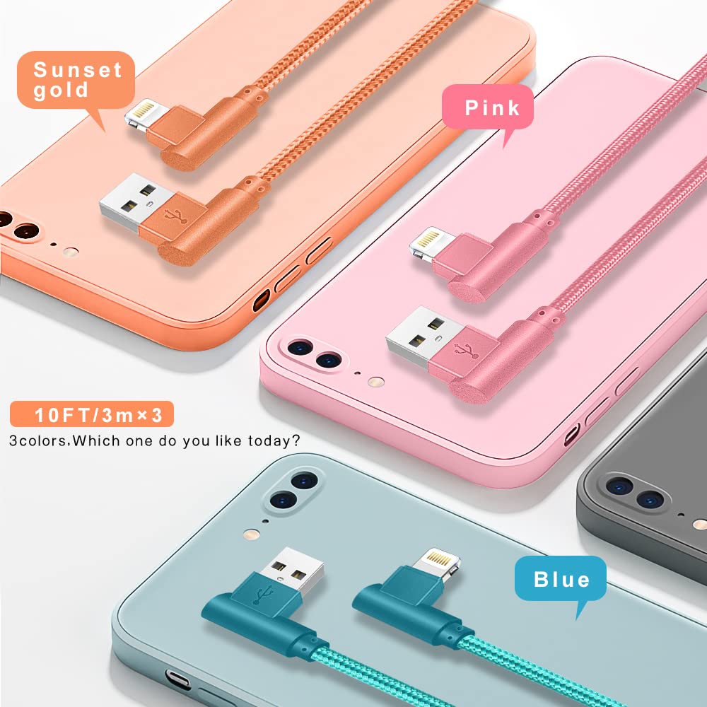 Lightning Cable, 3 Pack 6Ft 90 Degree Charging Cable Mfi Certified Usb Charger Cable Nylon Braided Fast Charging Long Cord Compatible For Iphone 14/13/12/11/X/Max/8/7/6/6S/5/5S/Se/Plus/Ipad (6Ft)