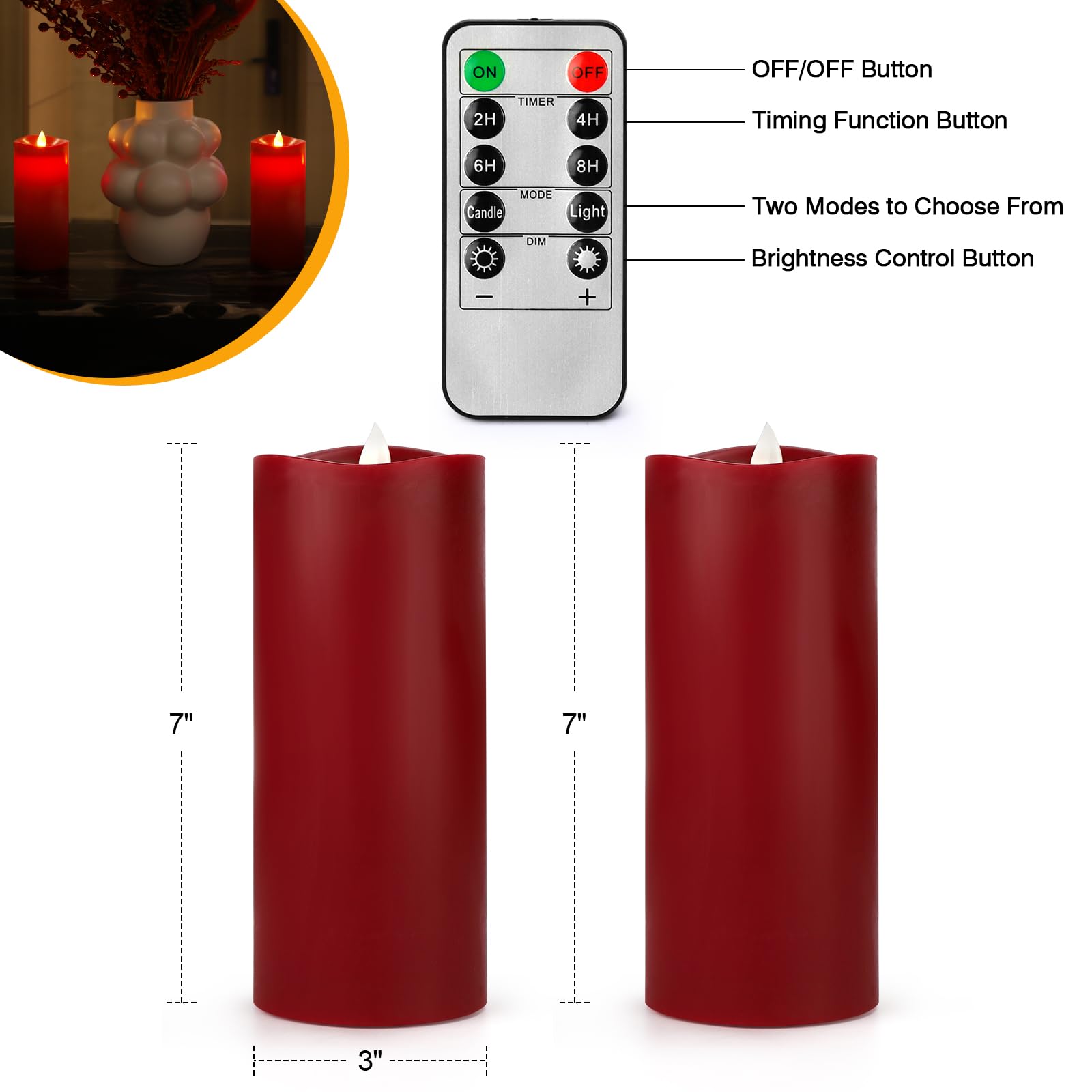 Enpornk 7 X 3 Flameless Candles, Flickering Moving Flame Led Candles, Battery Operated Candles With Remote And Timers, Burgundy,