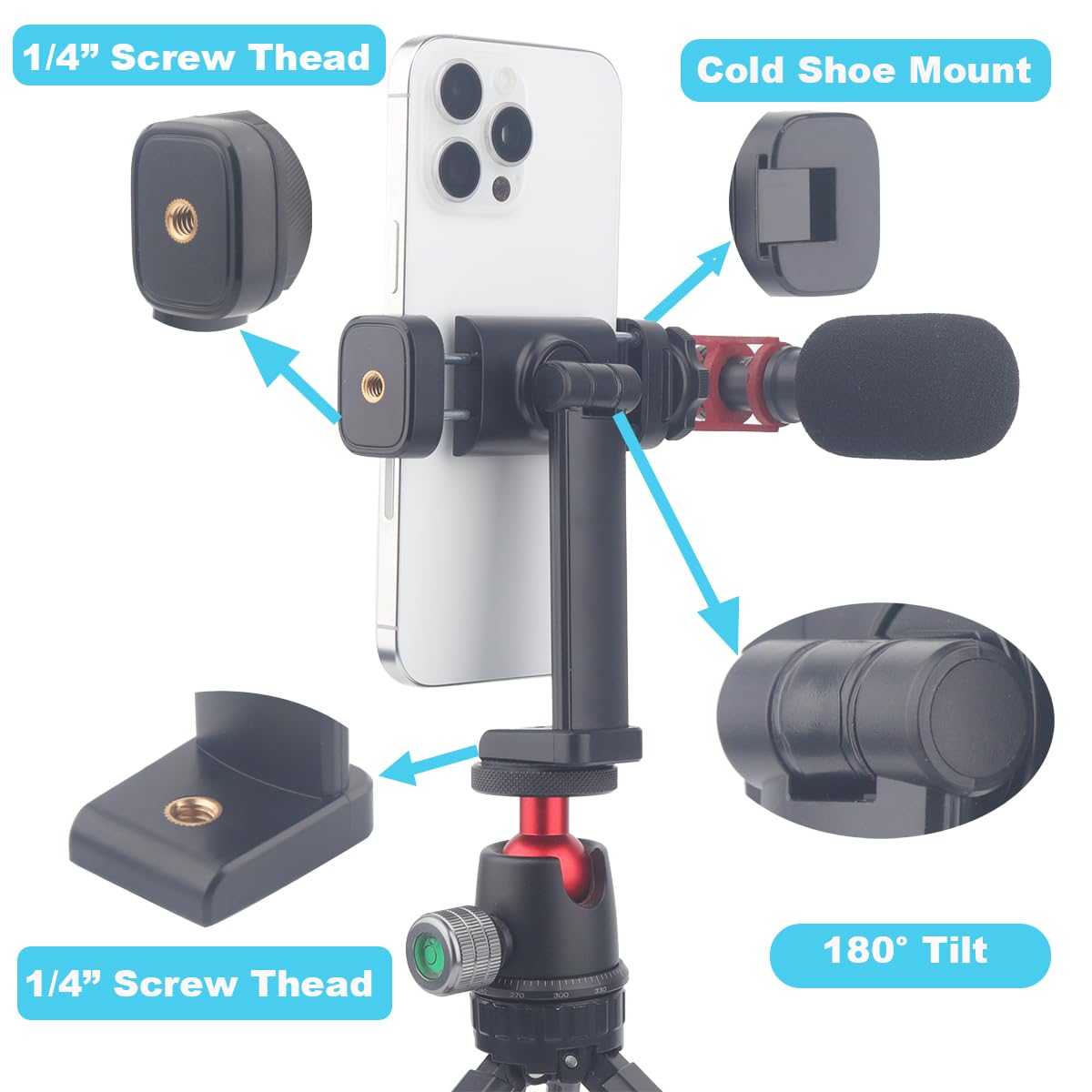 2Pcs Pack-Phone Tripod Mount With 1/4'' Screw Thread, 360 Rotate 180 Tilt Phone Holder Adapter For Iphone, Tripod, Selfie Stick,