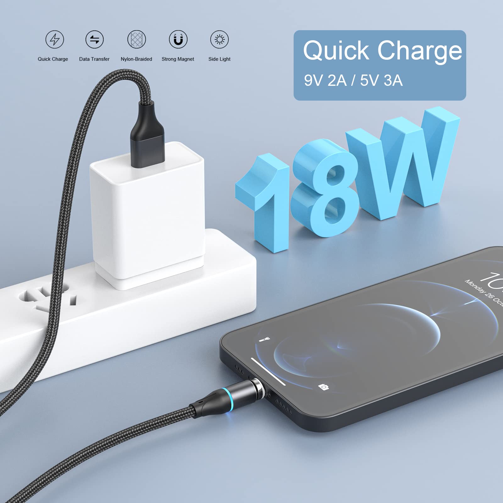 Netdot Magnetic Charging Cable,3In1 Gen12 (1Ft/3 Pack Black) 18W Fast Charging Magnetic Phone Charger And Data Transfer Magnetic