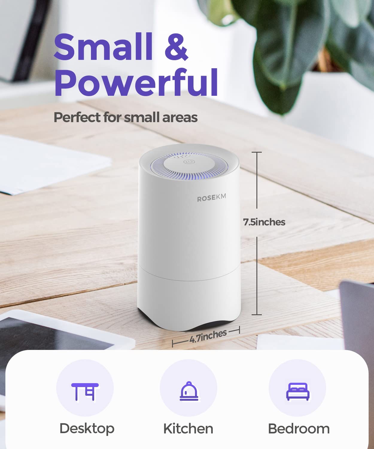 Rosekm Small Air Purifier For Home Bedroom, Personal Desk Mini Air Purifier, Room Hepa Air Purifier Fresheners Cleaner For Dorm,