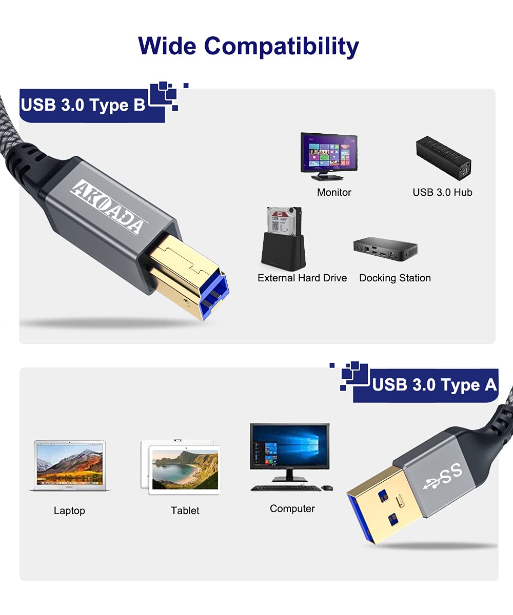 Akoada Usb A To Usb B 3.0 Cable (10Ft), Durable Nylon Braided Type A To B Male Cable Compatible With Printers, Monitor, Docking Station, External Hard Drivers, Scanner, Hub And More Devices(Grey)