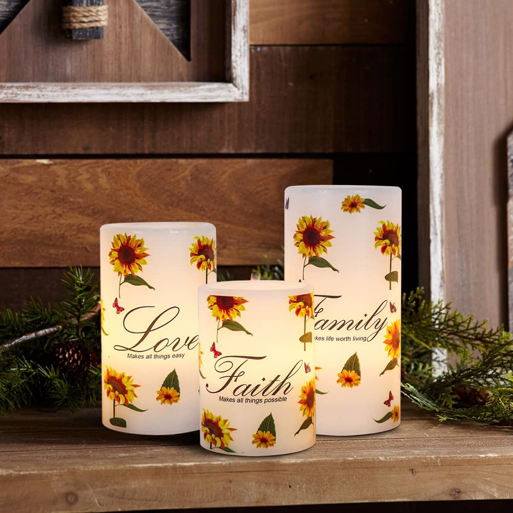 Wondise Flameless Pillar Candles With Timer, Sunflower Battery Operated Led Flickering Real Wax For Home Decoration, Set Of 3