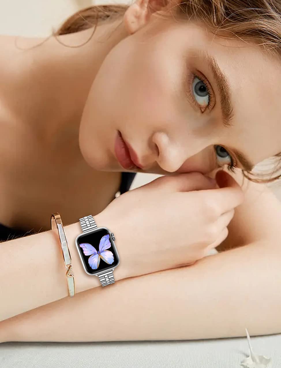 Miohhr Slim Metal Band Compatible With Apple Watch Band 41Mm 40Mm 38,Mm,Dressy Stainless Steel Chain Strap For Women Iwatch Band