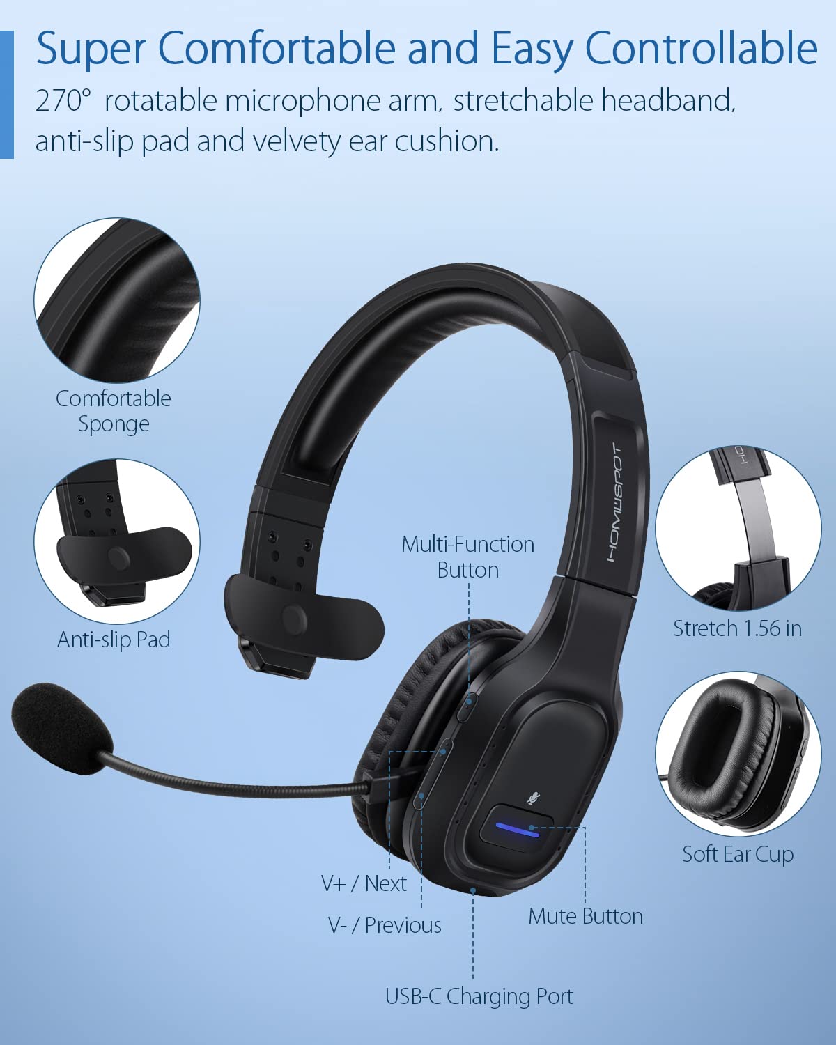 Homespot Jm100 Trucker Bluetooth Headset With Ai Noise Canceling, Wireless Headset With Rotatable Microphone And Big Mute Button