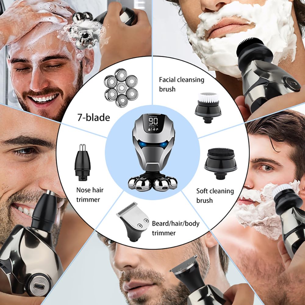 Electric 7D Head Shaver For Bald Men, 5 In 1 Rotary Shavers Grooming Kit With Nose Hair Trimmer, Hair Trimmer, Wet Dry Waterproo
