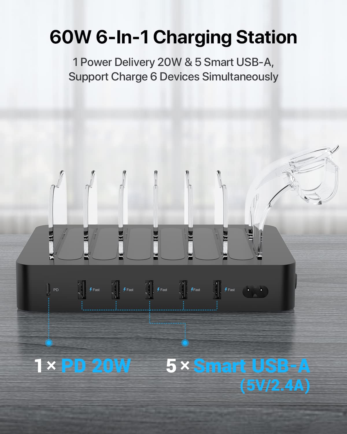 Soopii 6 Port Pd Charging Station For Multiple Devices, 20W Pd Usb C Fast Charging For Lphone 141312,6 Short Cables Included, 2