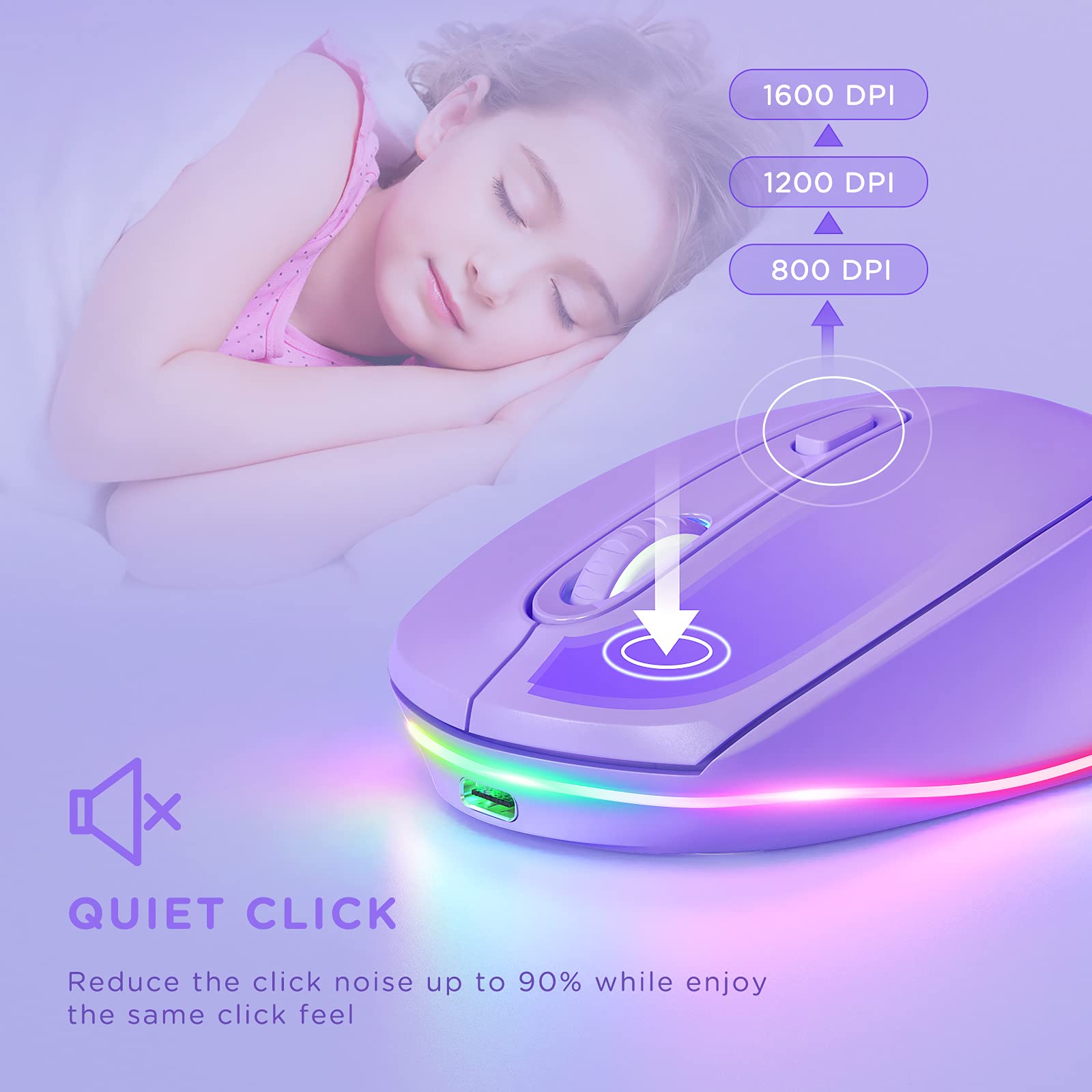 Seenda Wireless Mouse, Rechargeable Light Up Mouse For Laptop, Small Cordless Mice With Quiet Click Led Rainbow Lights For Pc Computer Kids Chromebook Windows Mac, Purple