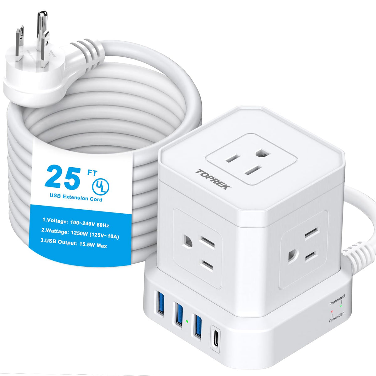 Extension Cord 25 Ft, Toprek Extension Cord With 5 Ac Outlets 4 Usb, Power Strip With Usb, Usb C (15.5W/3.0A) Power Strip With S