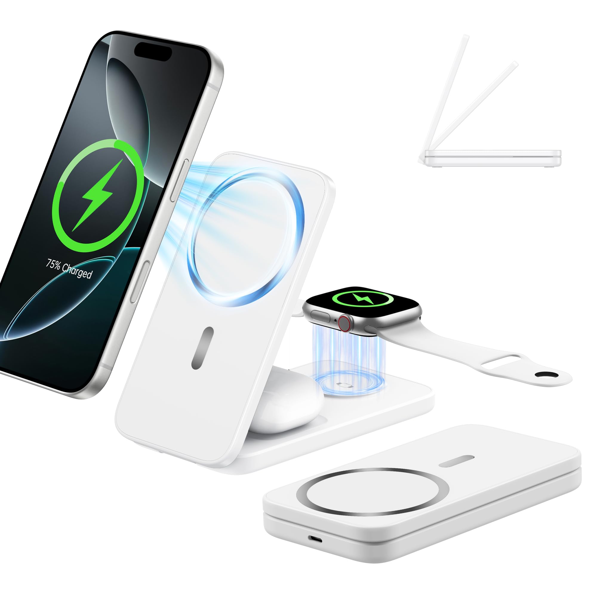 3 in 1 Charging Station for Apple Devices, MagSafe Compatible Ultra-Slim Foldable Travel Wireless Charger for iPhone 17/16/15/14