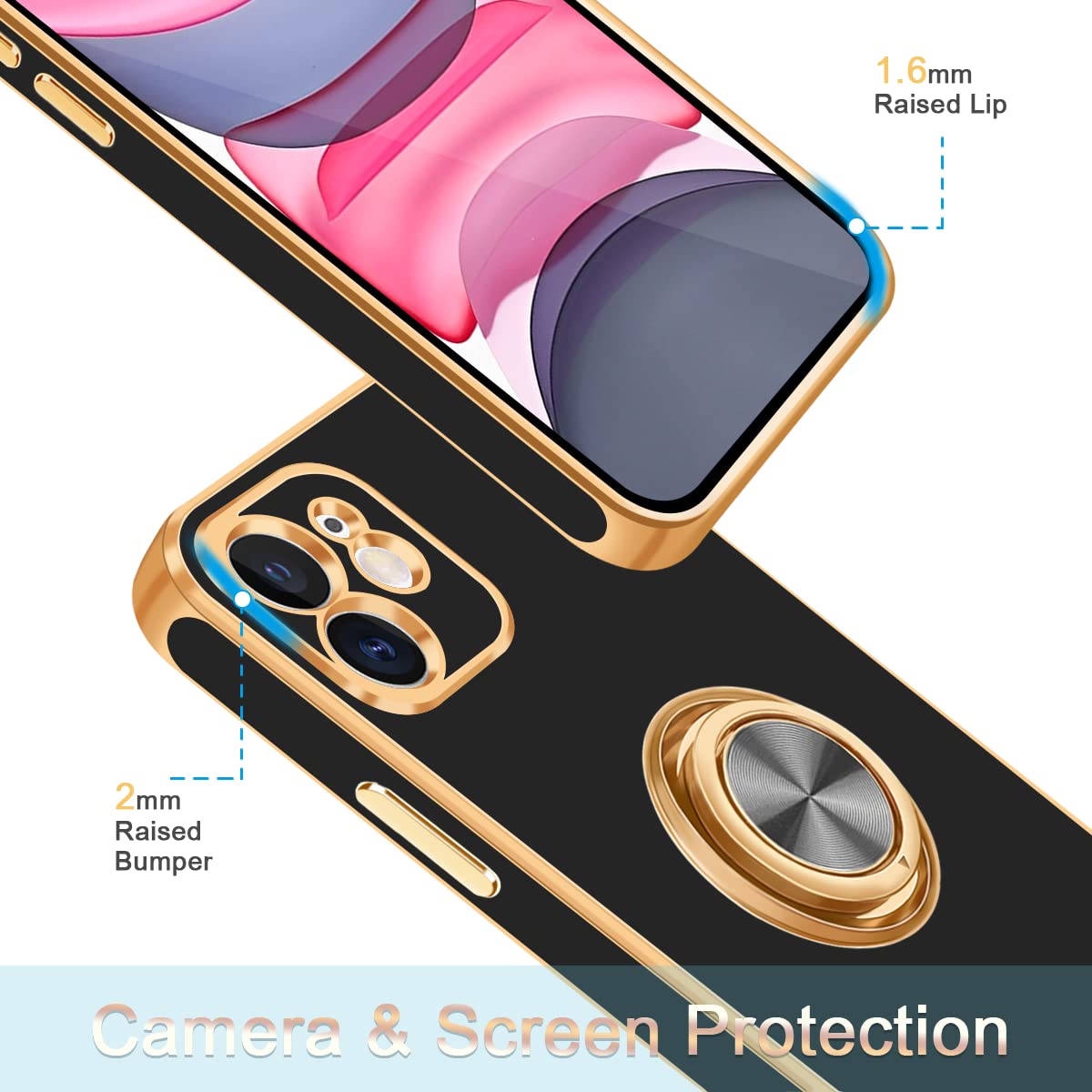 Fingic Compatible With Iphone 11 Case, With 360 Rotatable Ring Holder Kickstand Magnetic Support Car Mount Women Men Slim Soft T