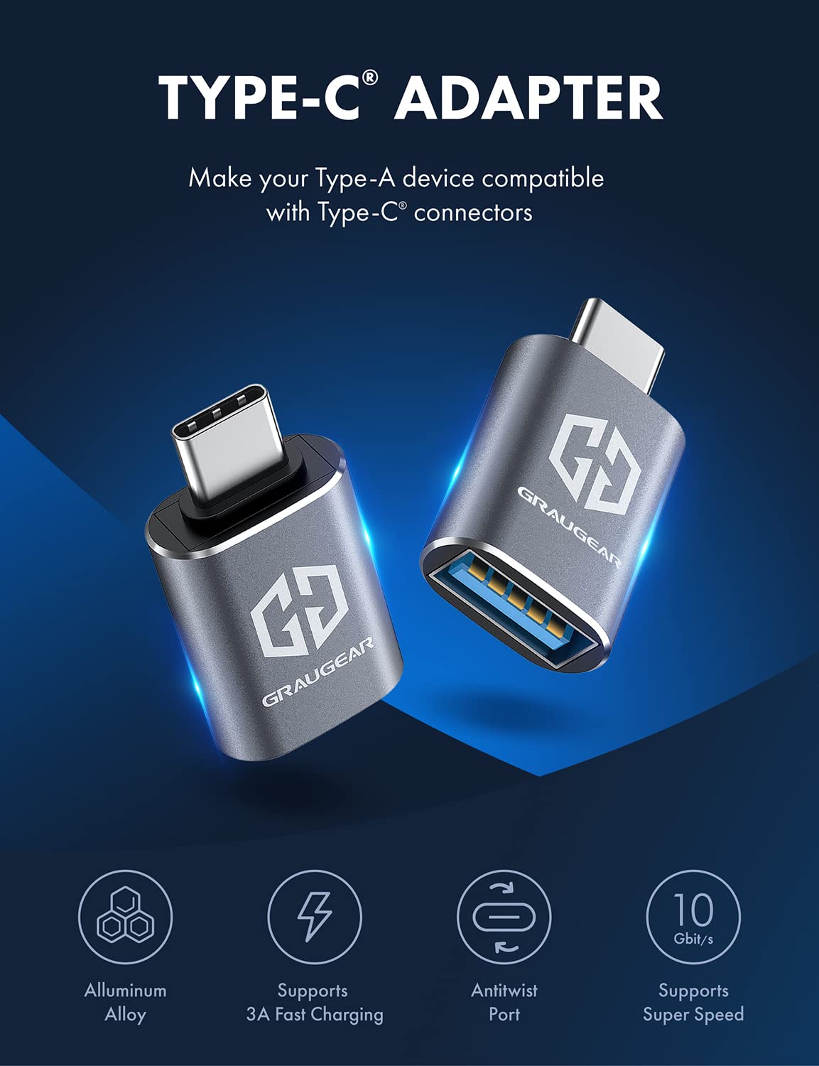 Graugear Usb C To Usb Adapter Pack Of 2, 10Gbps Data Transfer, Usb C Male To Usb A Female Adapter 10Gbps, Compatible With Pc, La