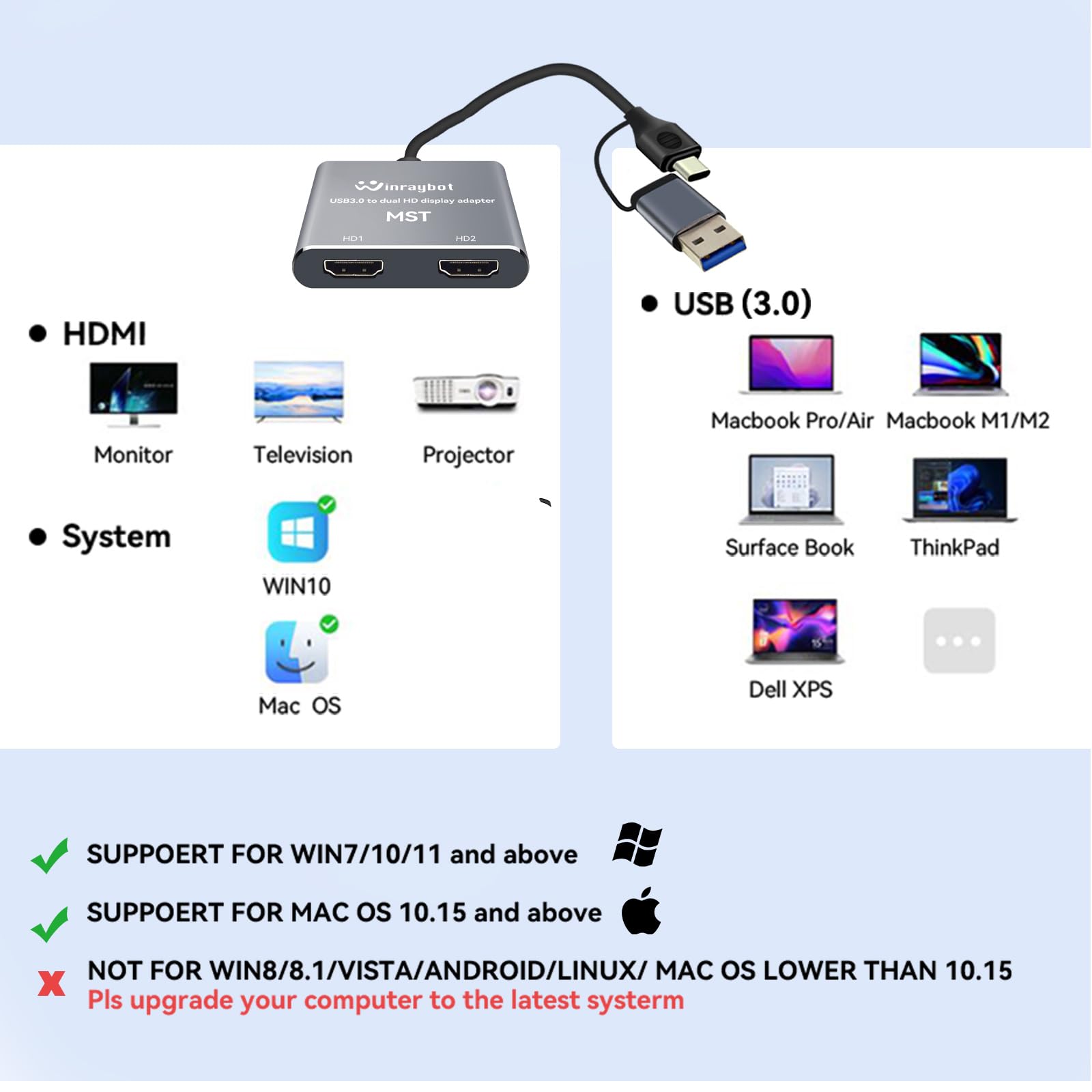 Usb To Hdmi Adapter For 2 Monitors Usb3.0 To Dual Hdmi Adapter For 3 Monitors Usb To Displayport Adapter Supports Mac & Windows/