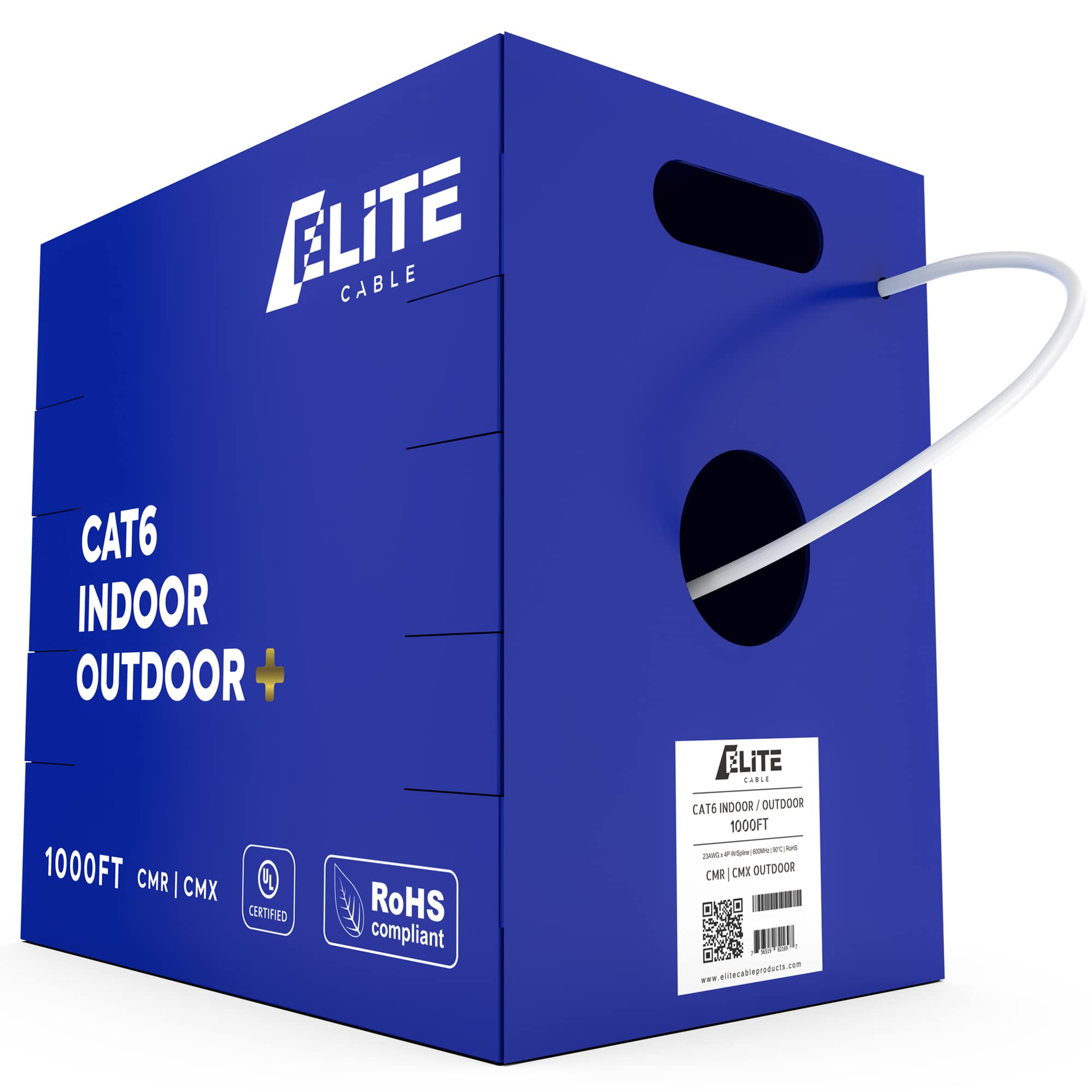 Elite Cat6 Indoor/Outdoor Ethernet Cable   23Awg, 1000Ft, 600Mhz, 5+ Db, High Performance, Ul Listed, Lp Rated, White