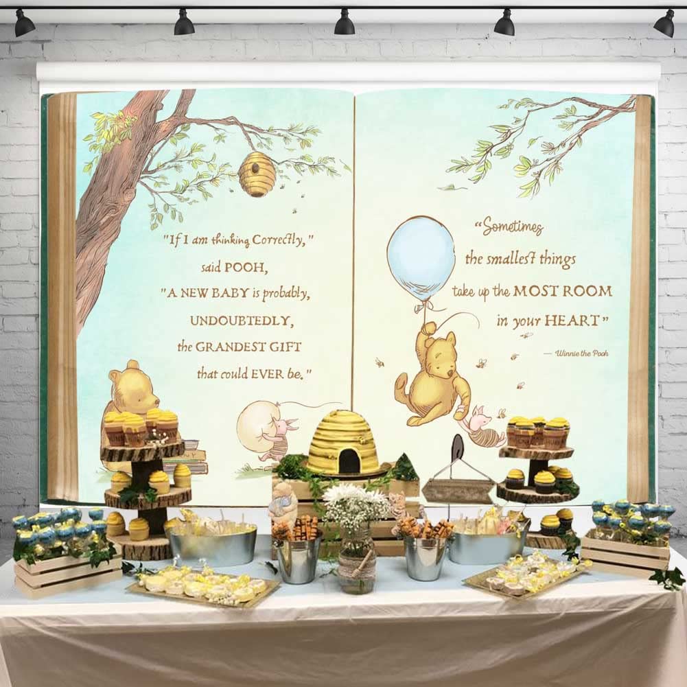 Claasic Pooh Bear Baby Shower Backdrop For Boy Retro Giant Book Spring Tree Vintage Background Newborn Quote Blue Yellow Tinge B