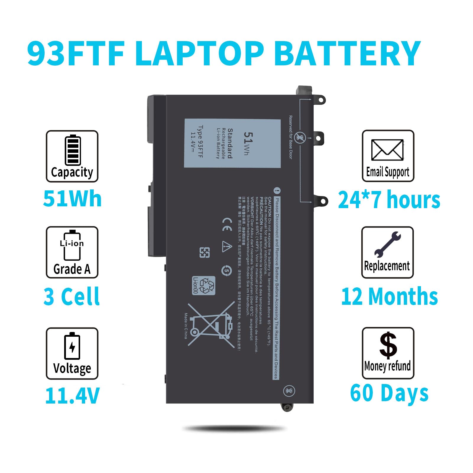 Emanjor 93FTF 51Wh 11.4V 3-Cell Laptop Battery for Dell Latitude 5580 5480 5280 Precision 3520