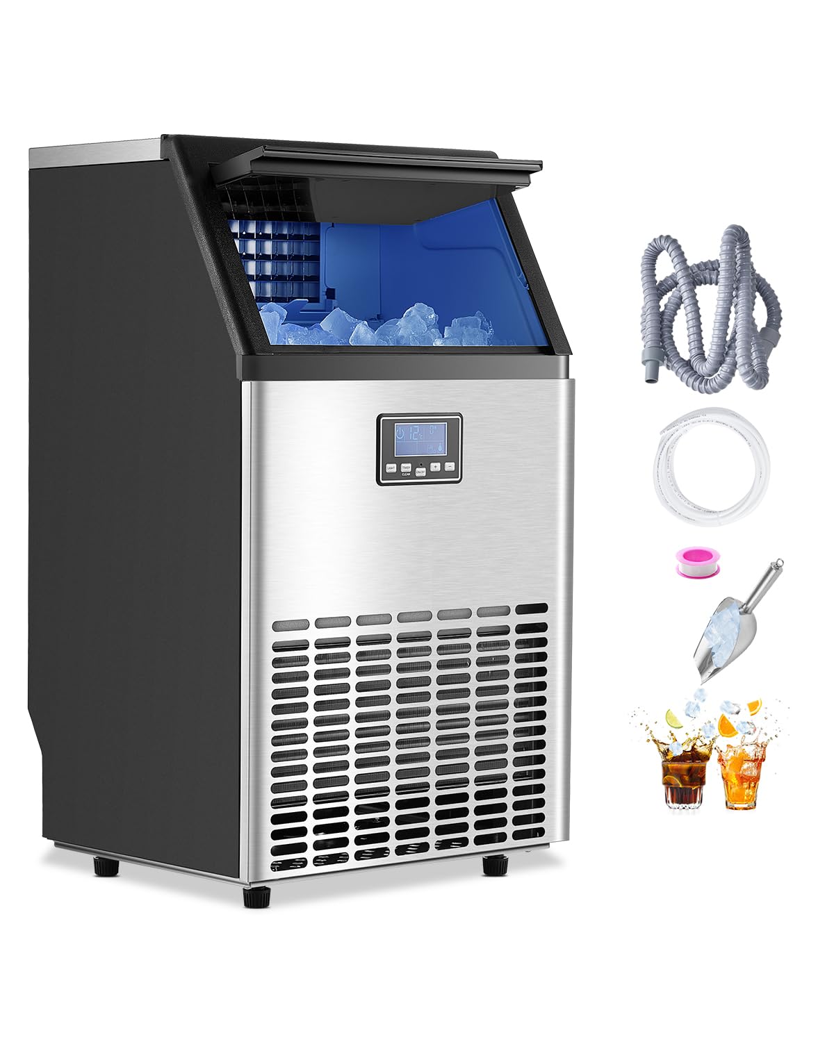 VEVOR Commercial Ice Maker Machine, 100lbs/24H Ice Maker Machine with 33lbs Storage Capacity, 45 Ice Cubes in 15 Minutes, LED Di