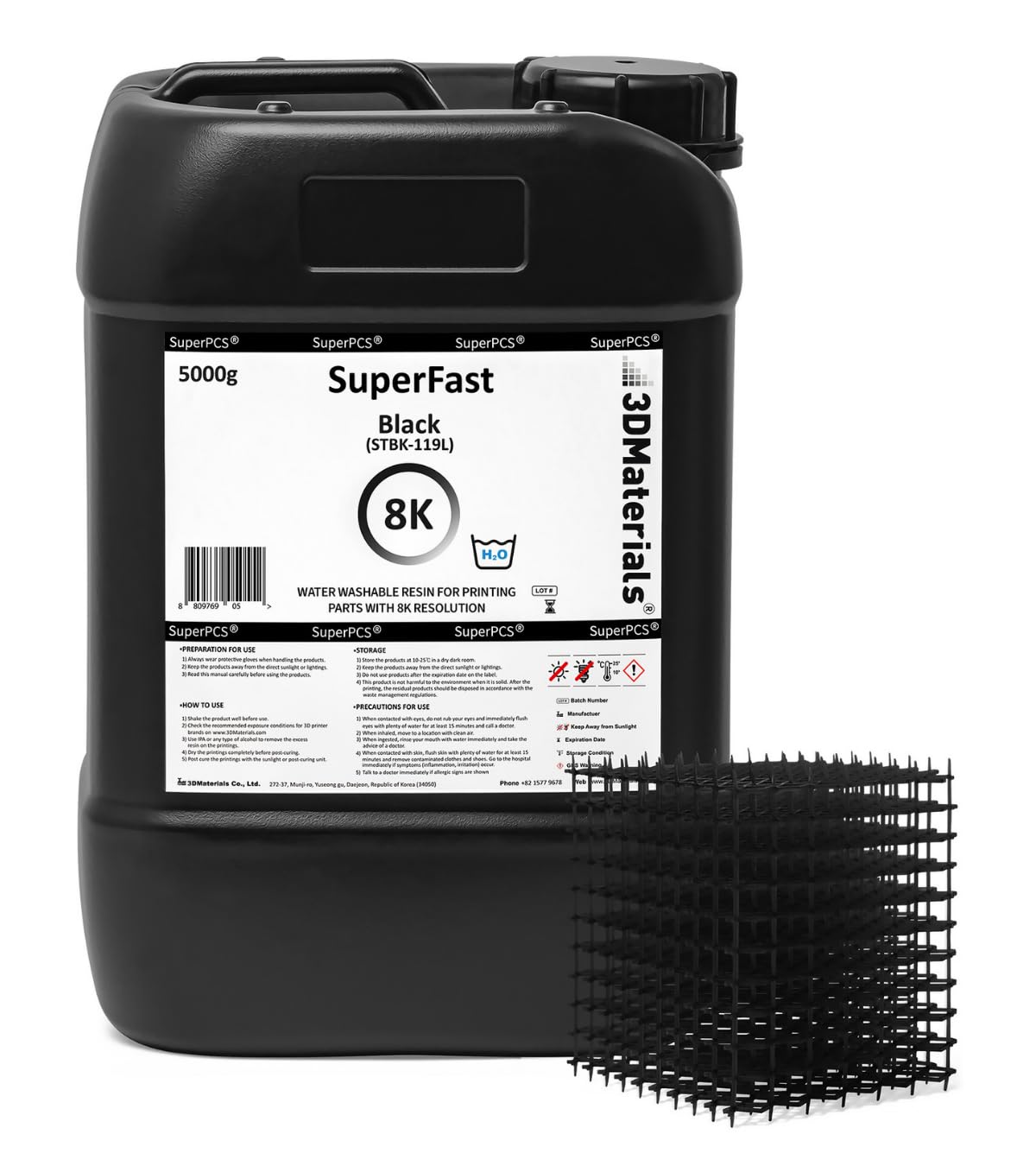 SuperFast 8K 3D Printer Resin Water Washable, 50um Print in 0.5 sec, Made in Korea by 3DMaterials (5000g, Black)