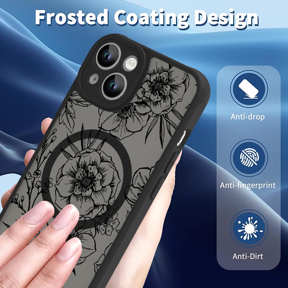 Ook Magnetic For Iphone 14 Case Black Flower Floral Pattern [Compatible With Magsafe] Slim Translucent Matte Camera Lens Protect