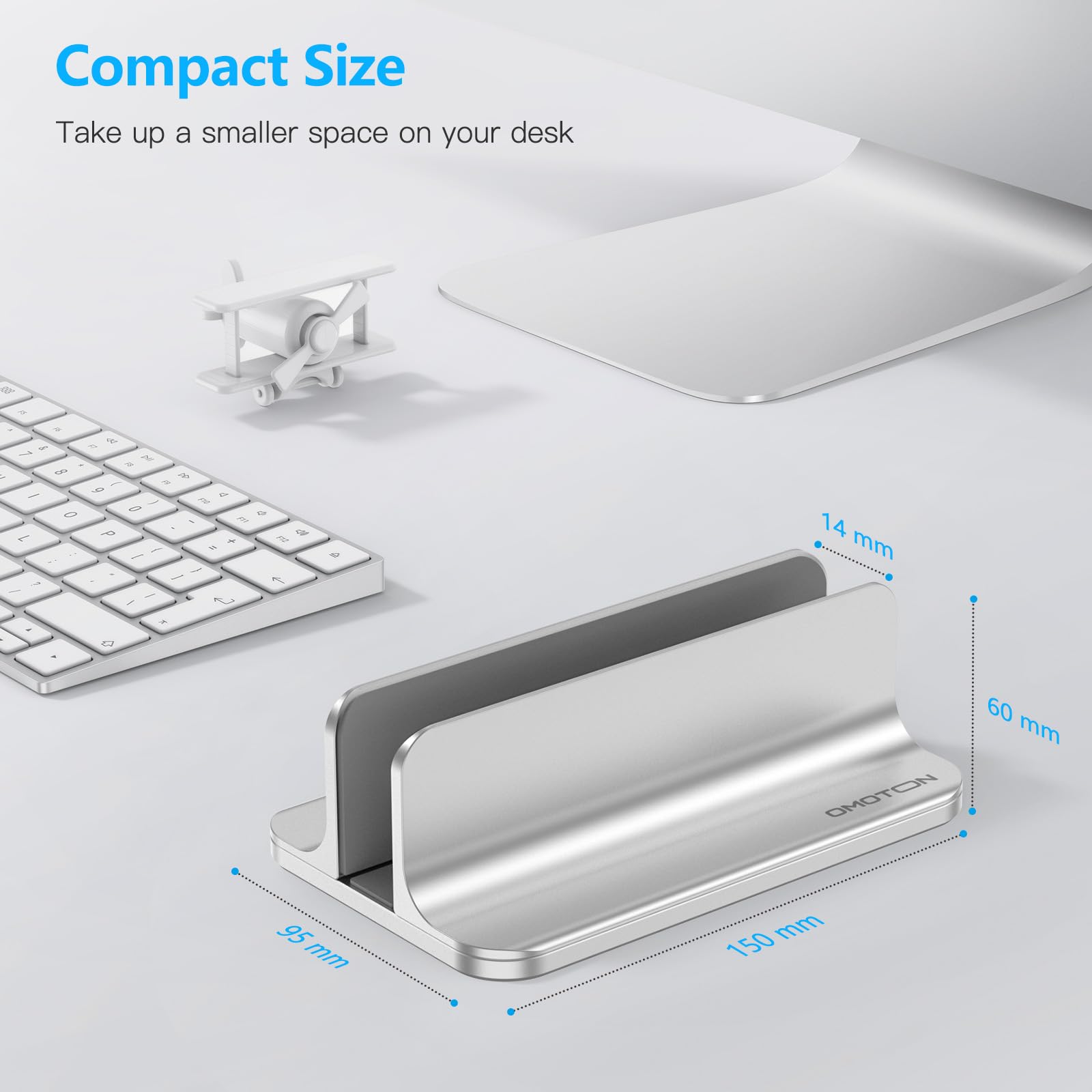 Omoton Vertical Laptop Stand Holder, Desktop Aluminum Stand For Macbook With Adjustable Dock Size, Fits All Macbook, Surface, Chromebook And Gaming Laptops (Up To 17.3 Inches), Silver