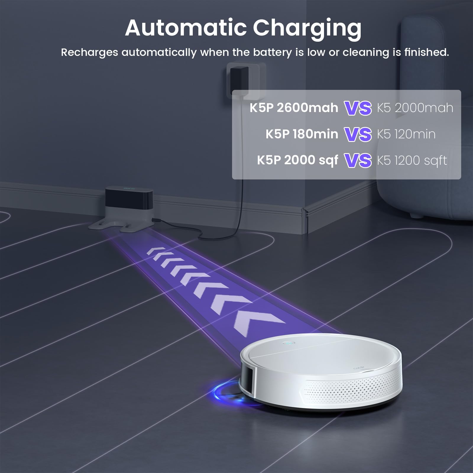 Okp K5 Pro Robot Vacuum And Mop, 3 In 1 Mopping Robotic Vacuum With 5000Pa Suction Power, 180 Mins Runtime, Quiet Design, Wi-Fi/