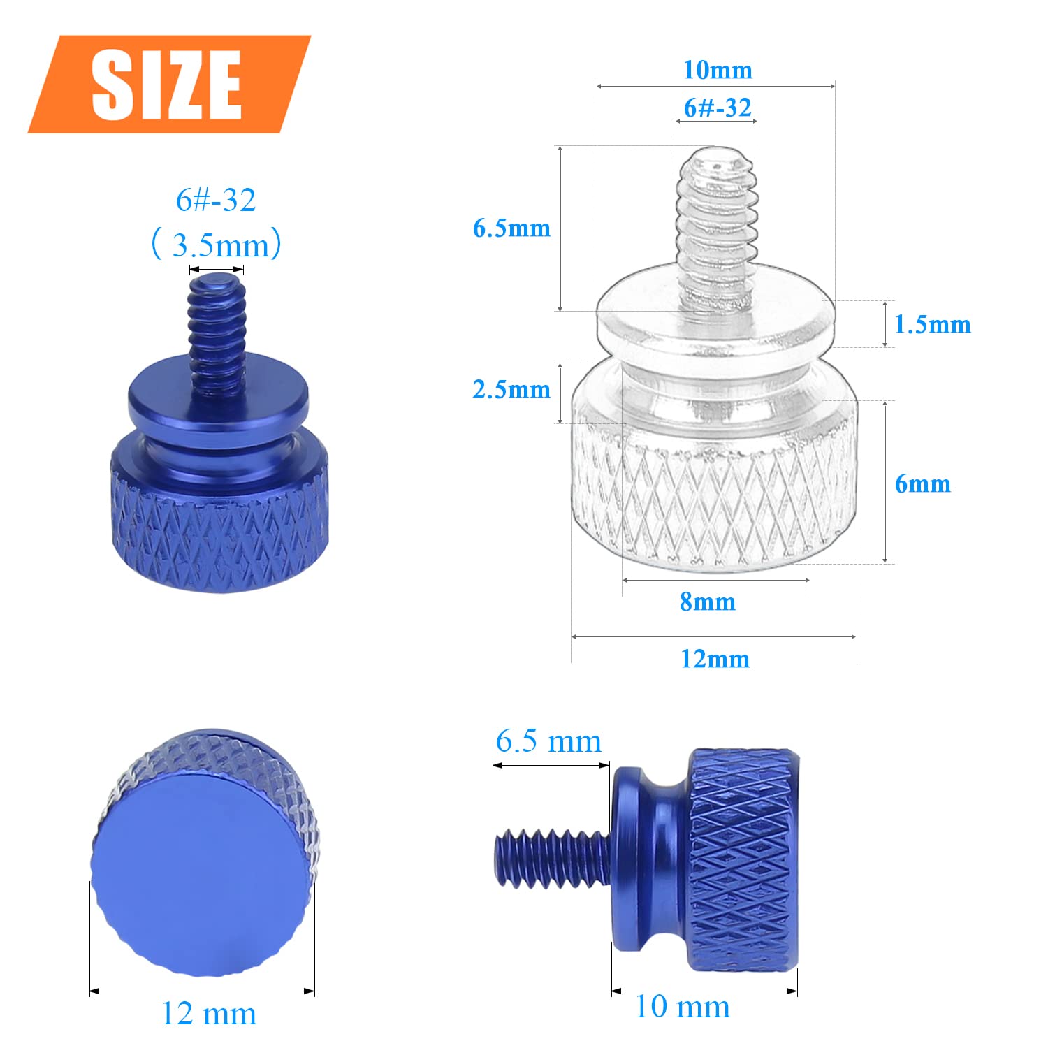 Helifouner 20 Pieces 6 32 Thread, Blue Color Anodized Aluminum Computer Case Thumbscrews, Thumb Screws For Computer Case/Cover/P