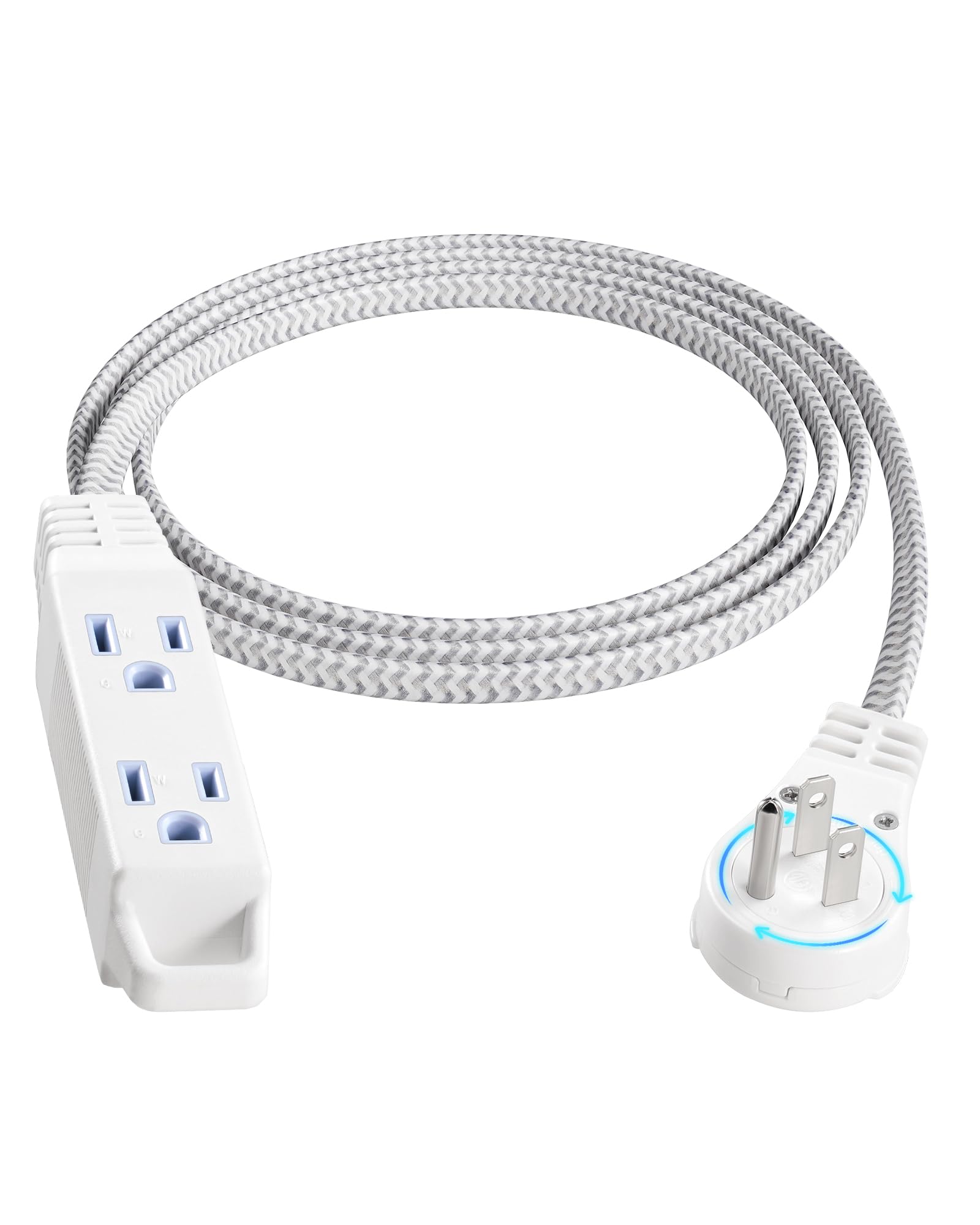 Suraielec 6Ft 360 Rotating Flat Plug Extension Cord With 3 Outlets, Braided Flat Wall Plug, 16 Awg Thin White Extension Cord For