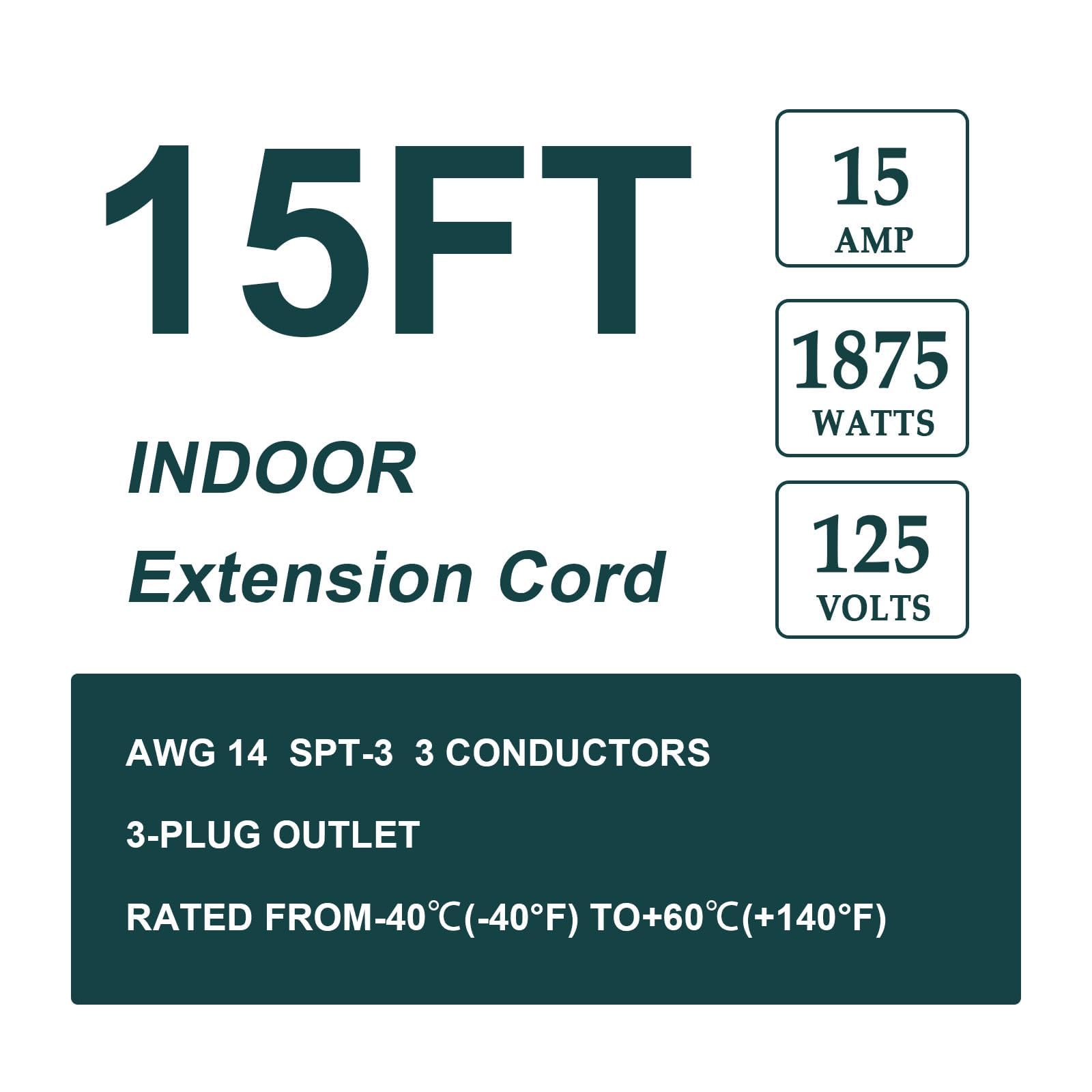 Ep 15 Ft Heavy Duty Appliance Extension Cord   14 Gauge 3 Prong Grounded Cable Wire, Ideal For Air Conditioners, Refrigerators,