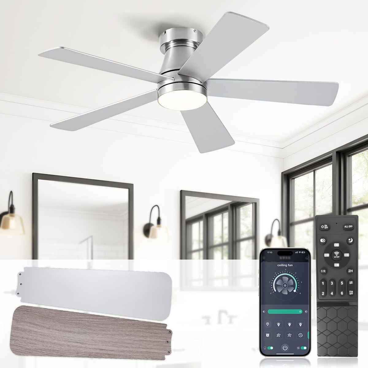 Ceiling Fans With Lights, 42 Inch Low Profile Ceiling Fan With Light And Remote, Flush Mount, 6 Speeds, Reversible Dc Motor,5 Bl