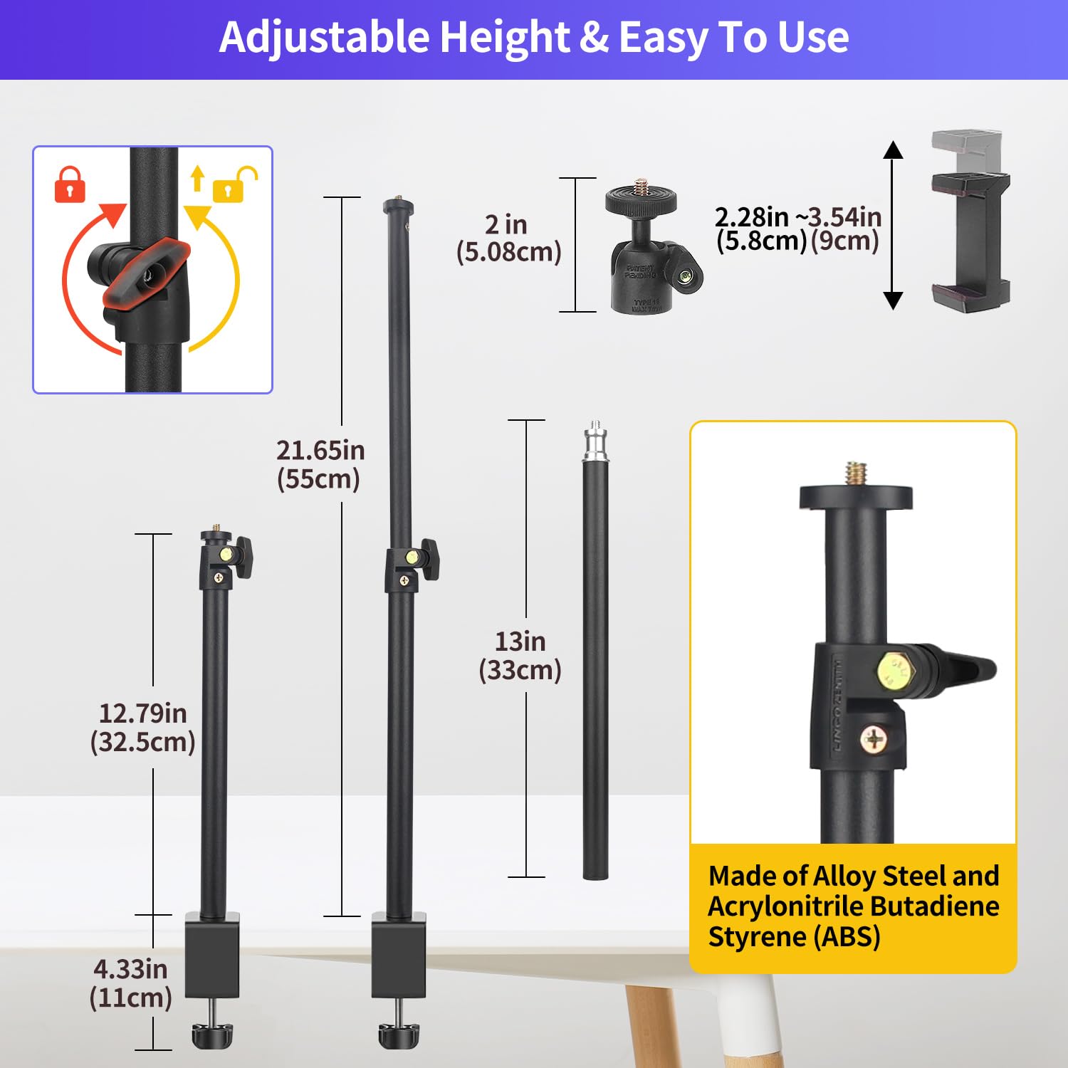 Overhead Camera Mount Desk Stand With Magic Arm, Webcam Stand With 360 Adjustable Extension Arm, Ball Head, Phone Holder, Tablet