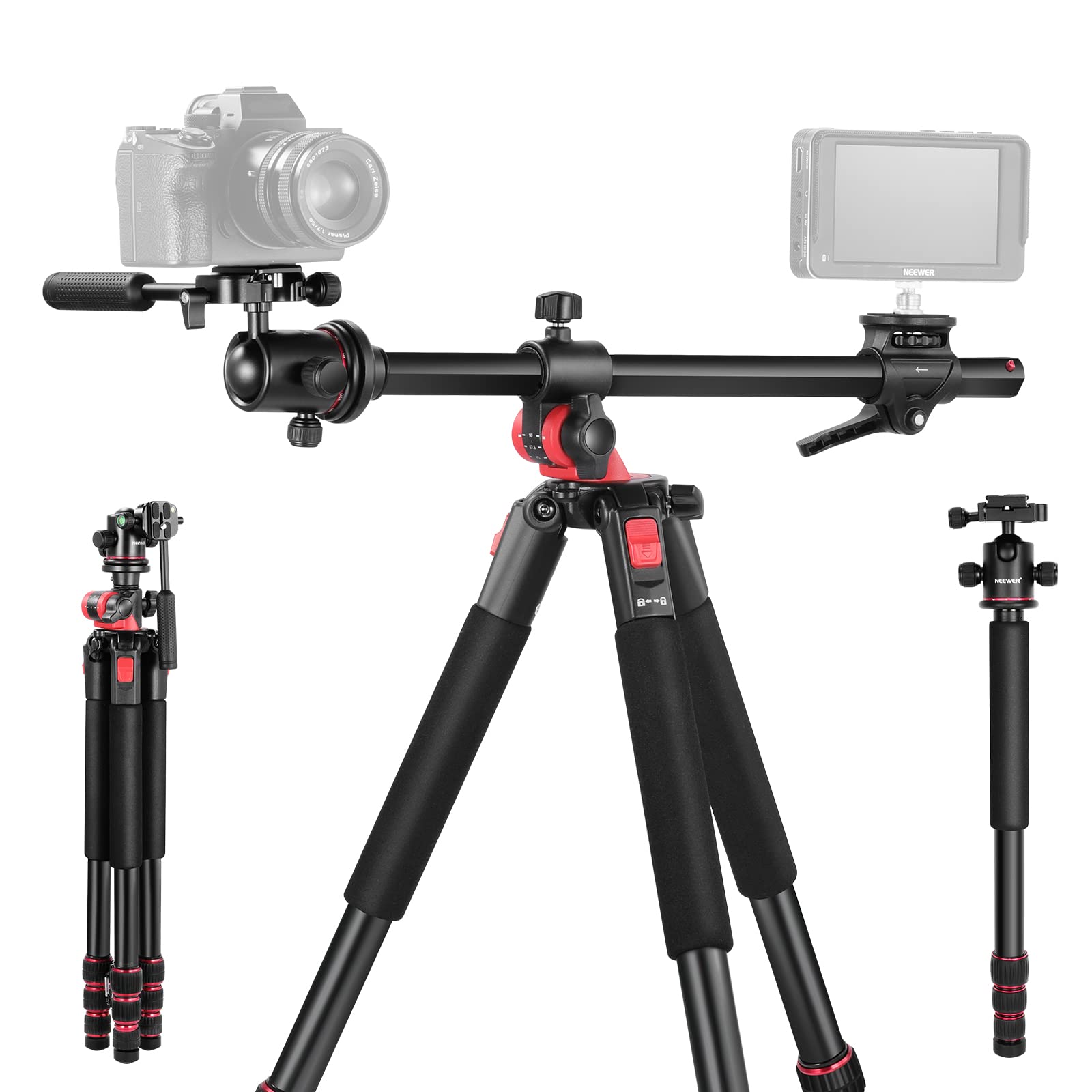 Neewer 73.6'' Horizontal Tripod With Multi Angle Center Column, Ball Head & Central Axis Platform, Heavy Duty Aluminum Camera Tr
