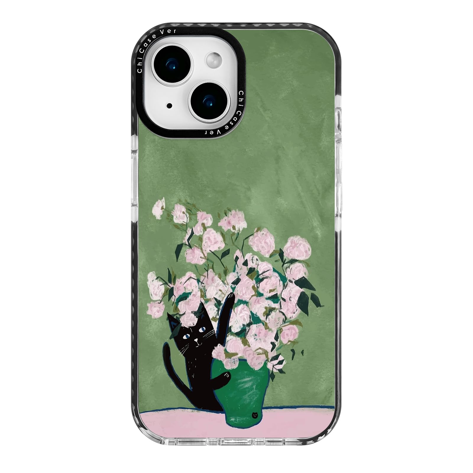 ChiCaseVer for iPhone 13 & iPhone 14 Case, Whimsical Black Cat with Aesthetic Pink Roses Floral, Cute TPU Compatible with MagSaf
